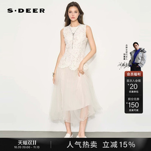 sdeer圣迪奥女26年新品田园圆领盘花网纱拼接无袖连衣裙S262Z1243