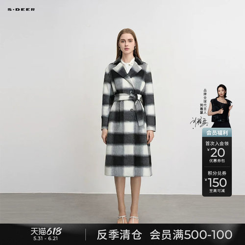 s.deer西装领格纹收腰双面呢大衣