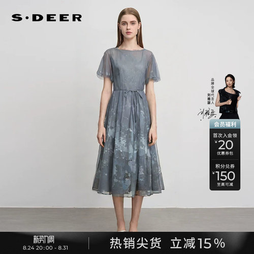 s.deer圆领印花网纱泡泡袖连衣裙