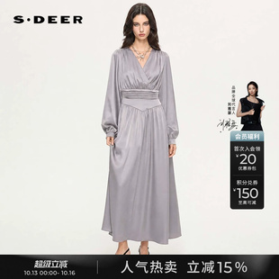 sdeer圣迪奥女装秋季OL风V领压褶拼接雪纺长袖连衣裙
