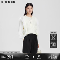 sdeer圣迪奥春秋装女装罗纹圆领钩花灯笼袖针织衫S231Z3518