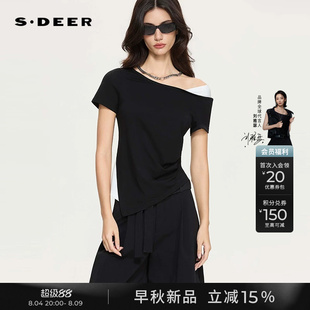 sdeer圣迪奥女2026秋季新款圆领撞色拼接不规则短袖T恤S263Z0101