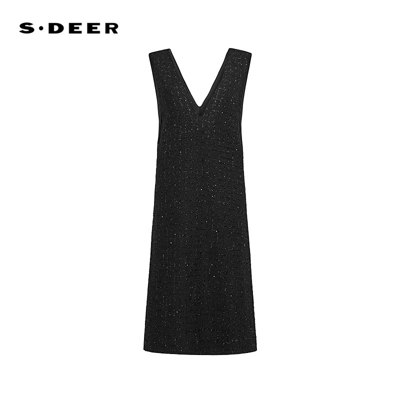 【呼呼专属】sdeer复古V领格纹毛呢背带连衣裙S244Z1212