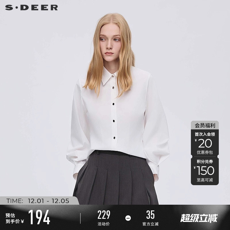 sdeerOL翻领压褶灯笼袖白色衬衫