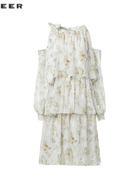 sdeer圣迪奥夏季女装圆领系带露肩印花雪纺连衣裙S242Z12N4