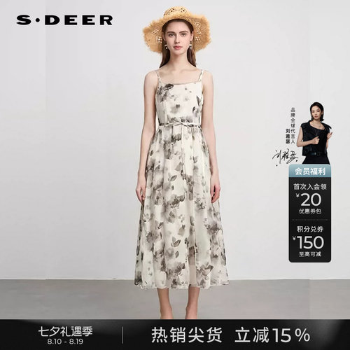 s.deer复古印花网纱吊带连衣裙