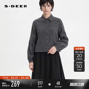 sdeer圣迪奥女装 OL风翻领压褶拼接宽松长袖 衬衫 S261Z0505 26年新品