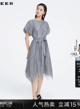 sdeer圣迪奥网纱拼接长裙女格纹收腰泡泡袖连衣裙S223Z12D7