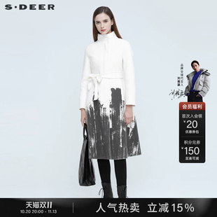 sdeer圣迪奥冬季女装休闲立领水墨印花收腰长款毛呢大衣S20481846