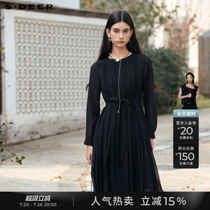 sdeer圣迪奥春秋装女装圆领风琴褶收腰雪纺黑色连衣裙S24161208