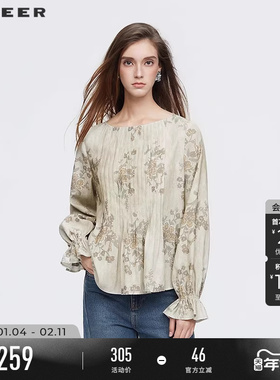 sdeer圣迪奥女装25年新品复古圆领风琴褶印花宽松衬衫S253Z0585
