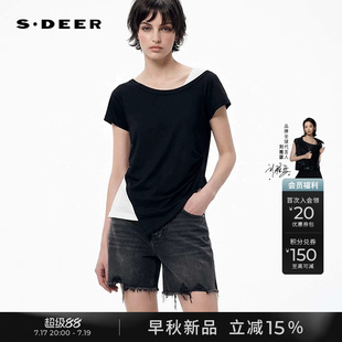 sdeer圣迪奥女2026秋季新款圆领撞色拼接不规则短袖T恤S263Z0101