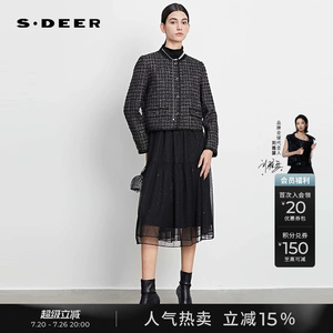 sdeer圣迪奥秋装女装小香风格纹毛呢网纱连衣裙套装S233Z1449
