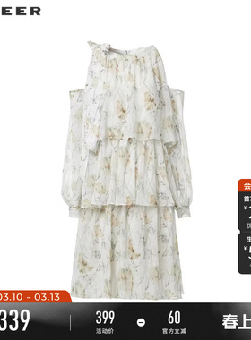 sdeer圣迪奥夏季女装圆领系带露肩印花雪纺连衣裙S242Z12N4