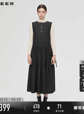 sdeer圣迪奥女装25年新品时尚圆领钉珠毛呢无袖连衣裙S254Z1203