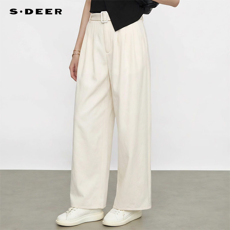【商场同款】sdeer圣迪奥女OL风高腰压褶插袋直筒长裤S25480830