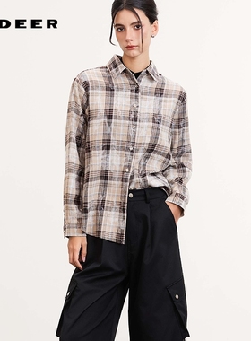 sdeer圣迪奥女装26年新品慵懒休闲翻领撞色格纹宽松衬衫S261Z0503