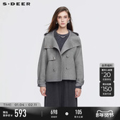 高领连帽双排扣双面呢短款 sdeer圣迪奥女装 25年新品 大衣S254Z2608