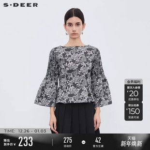 S233Z0566 衬衫 sdeer圣迪奥女装 复古方领印花压褶喇叭袖