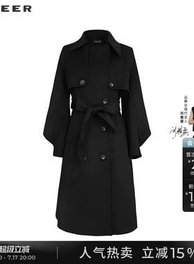 sdeer圣迪奥秋冬装女装翻领双排扣收腰毛呢外套长款大衣S233Z2515