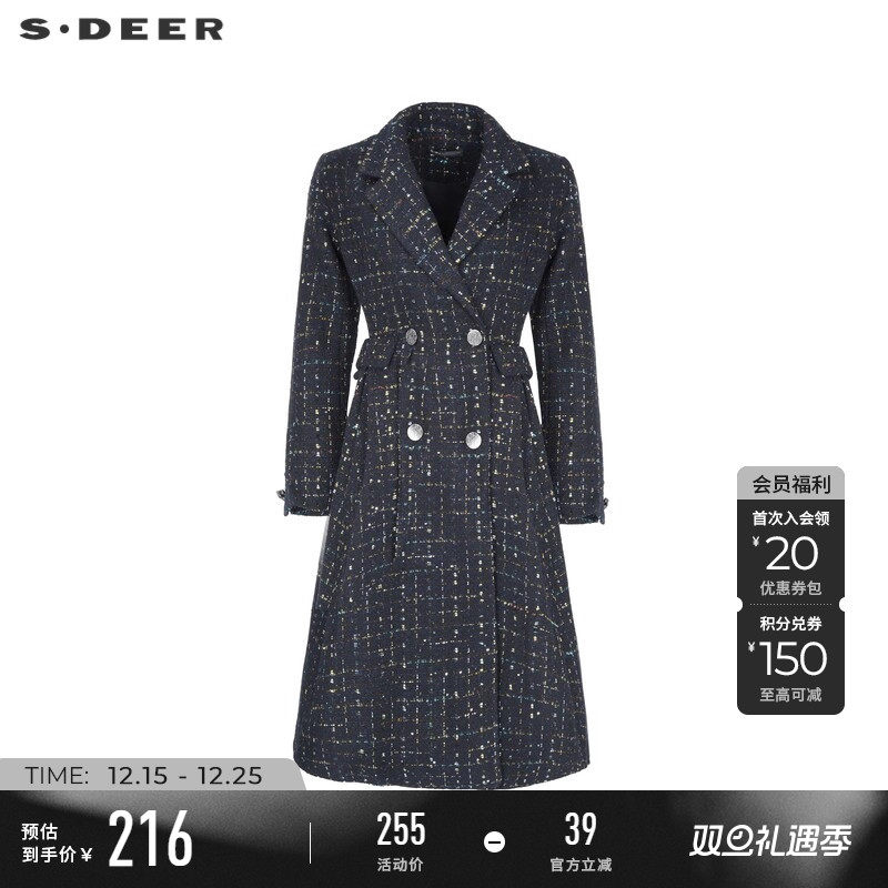 sdeer西装领格纹长款呢子大衣