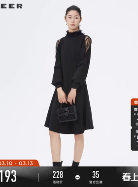 sdeer圣迪奥春装网纱赫本风拼接气质长袖显瘦连衣裙女S221Z1276