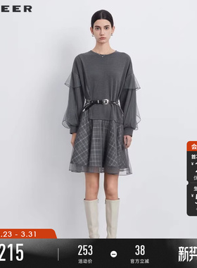 sdeer圣迪奥春秋装女装圆领格纹网纱拼接卫衣连衣裙S233Z12S9