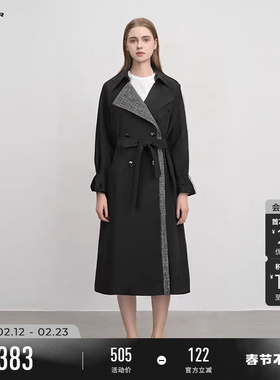 sdeer圣迪奥秋冬装女装时尚翻领印花收腰长款风衣S244Z1804