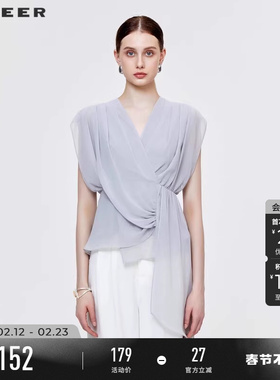 sdeer圣迪奥春秋装V领系带不规则拼接无袖衬衫女S223Z0604