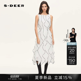 sdeer圣迪奥女装2026夏季新款圆领撞色收腰雪纺网纱无袖连衣裙