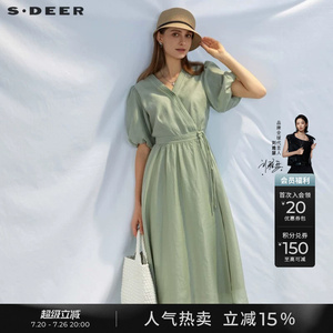 sdeer圣迪奥夏季女装淡人V领收腰泡泡袖新中式连衣裙S232Z12DN