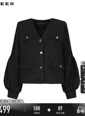 sdeer圣迪奥秋冬装女装小香风V领压褶灯笼袖短款羽绒服S234Z3128