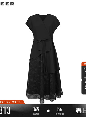 sdeer圣迪奥夏季女装V领收腰网纱印花短袖连衣裙S242Z1201