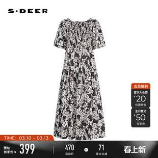 sdeer圣迪奥夏装女装度假风方领印花收腰短袖连衣裙S252Z1293