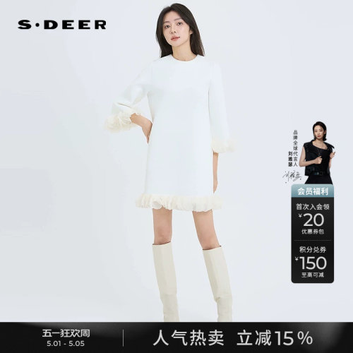 sdeer优雅圆领拼接宽松连衣裙