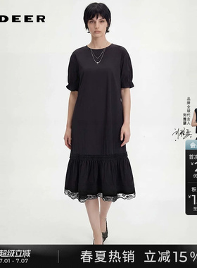 sdeer圣迪奥女装夏季圆领抽褶花边短袖连衣裙S252Z12D7