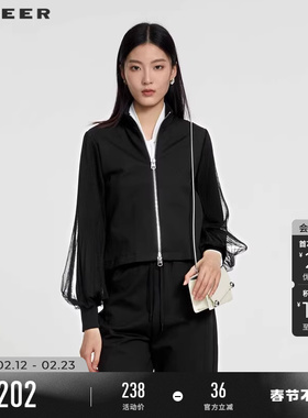 sdeer圣迪奥春装女装立领网纱灯笼袖短外套S231Z2221