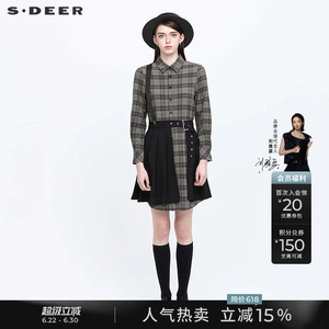 sdeer圣迪奥秋装学院风翻领格纹拼接衬衫长袖连衣裙S21381201