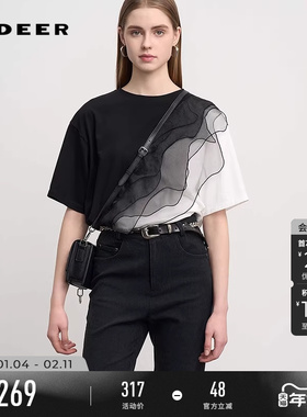 【流动金属】sdeer圣迪奥新品女欧根纱撞色拼接短袖T恤S252Z0102