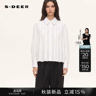 sdeer圣迪奥女装2026秋季新款田园风翻领花边压褶长袖衬衫