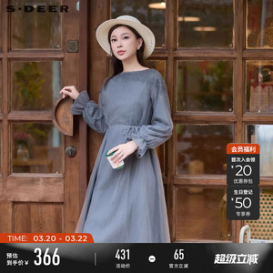 sdeer圣迪奥春秋装女装圆领网纱绣花收腰长袖连衣裙S24381210