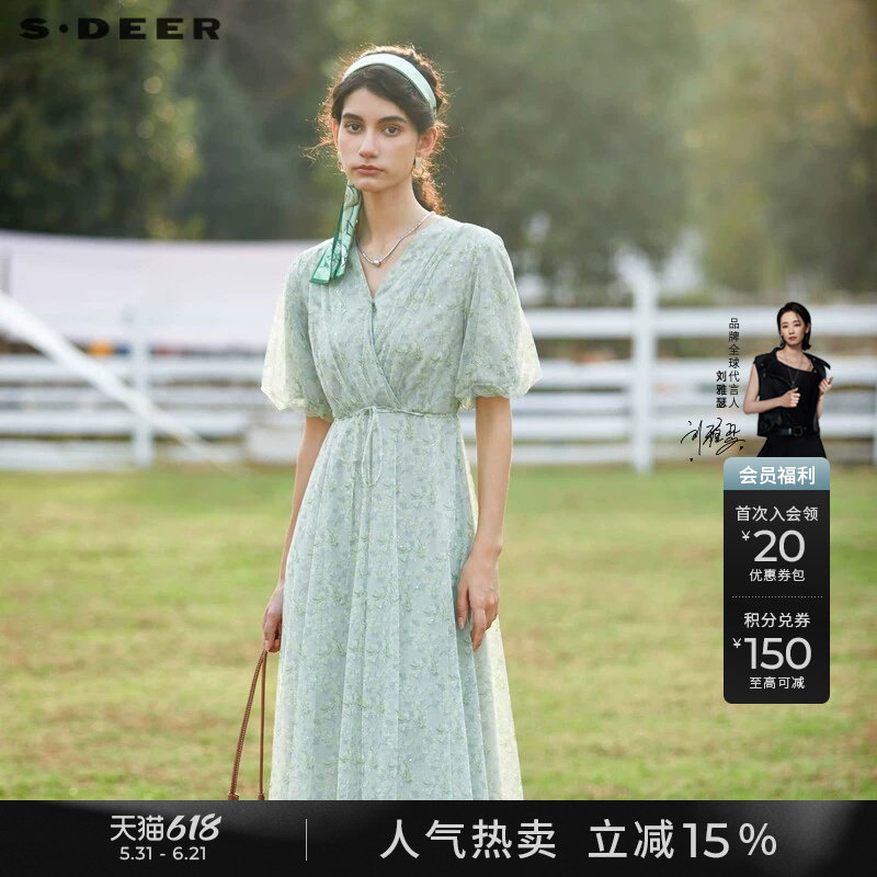 sdeer圣迪奥女淡人穿搭清新文艺V领网纱收腰碎花连衣裙S242