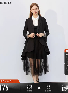 sdeer圣迪奥春装女装西装领外套英伦网纱中长黑色风衣S221Z1701