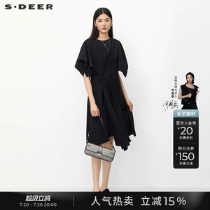 sdeer圣迪奥夏季女装圆领压褶不规则短袖黑色连衣裙S23281203