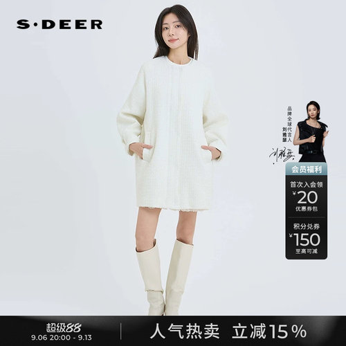 sdeer小香风圆领格纹中长款大衣