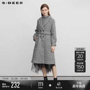 领收腰格纹长款 西装 毛呢大衣S223Z2508 女装 sdeer圣迪奥秋冬装