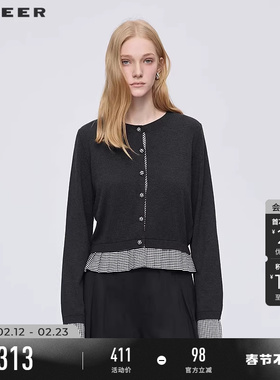 sdeer圣迪奥女装春秋装罗纹圆领撞色格纹不规则针织衫S253Z3540