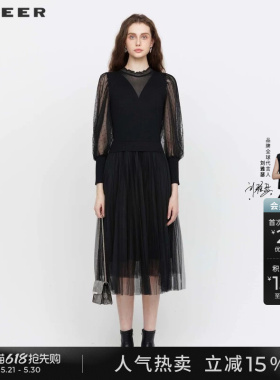 sdeer圣迪奥女装春装波点网纱灯笼袖连衣裙S221Z1204