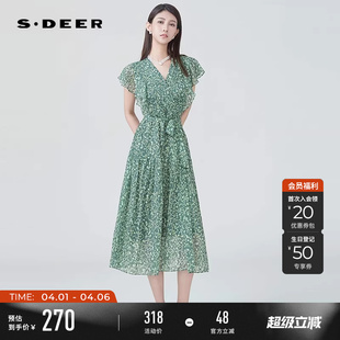 V领荷叶边碎花收腰雪纺连衣裙S233Z1273 sdeer圣迪奥女装