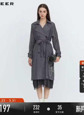 sdeer圣迪奥春秋装薄款风衣女翻领收腰双排扣长款外套S223Z1804